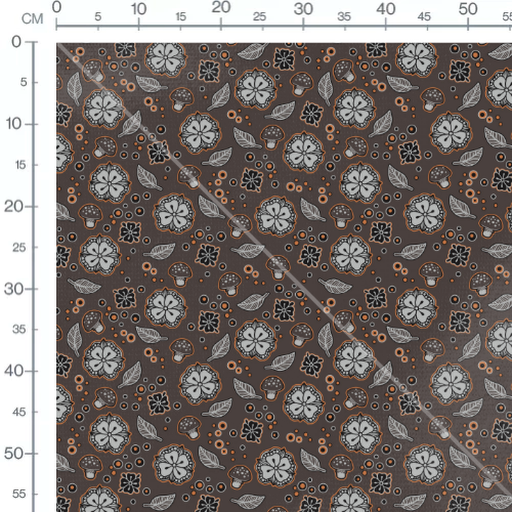 Tissu - Fleurs et champignons gris