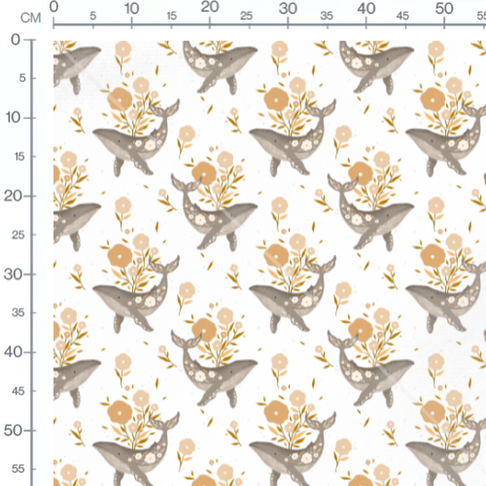 Tissu - Baleines et fleurs sur blanc