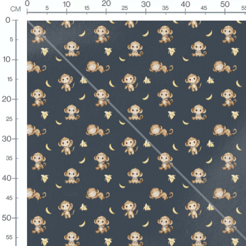 Tissu - Singes et bananes sur fond bleu