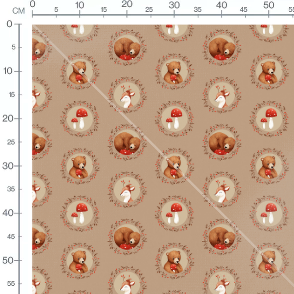 Tissu - Animaux forêt champignons rouges