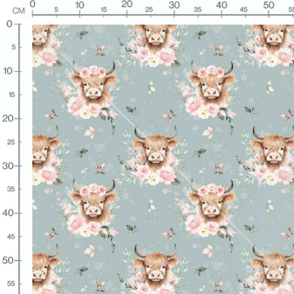 Tissu - Vaches fleuries sur bleu-gris