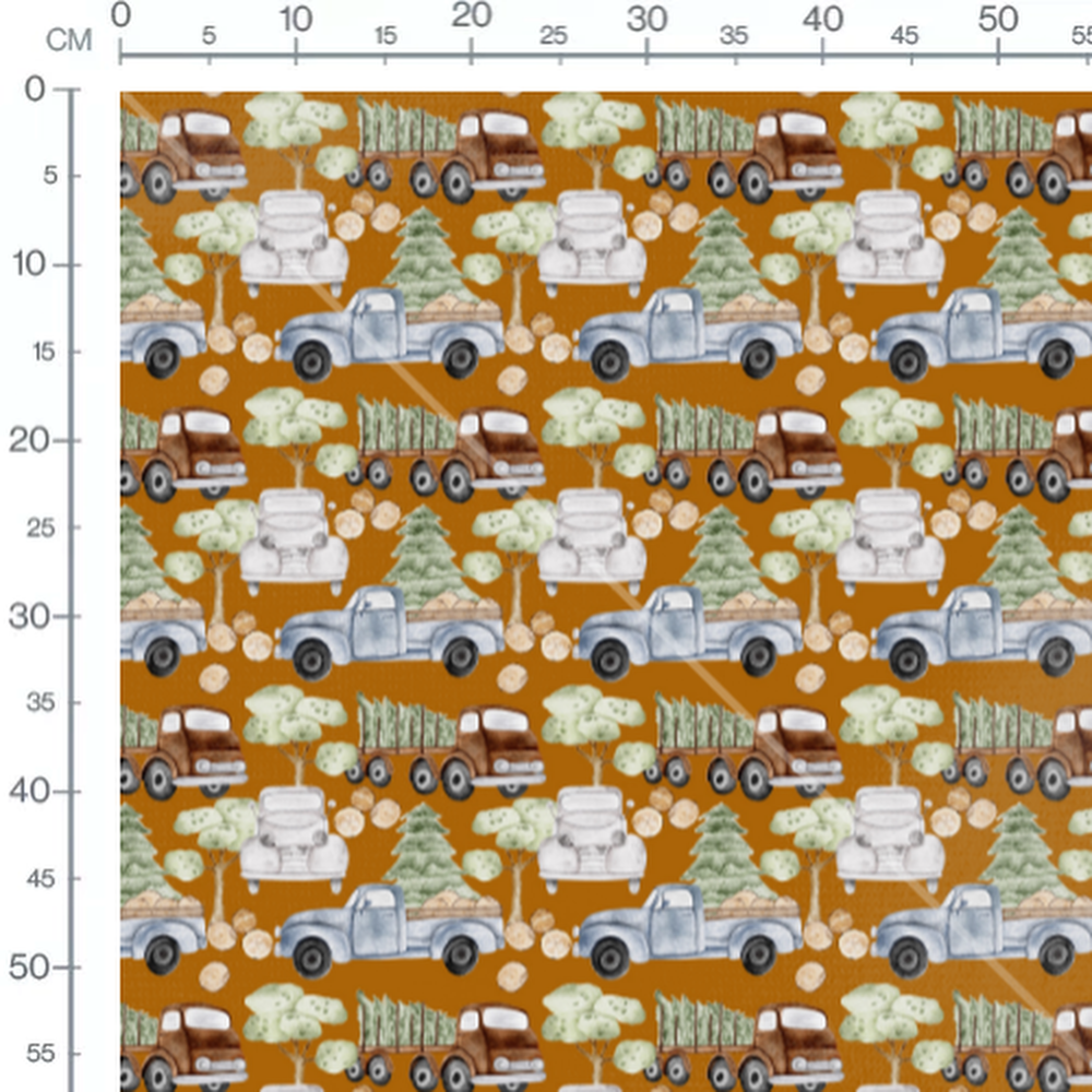 Tissu - Camions sur fond marron