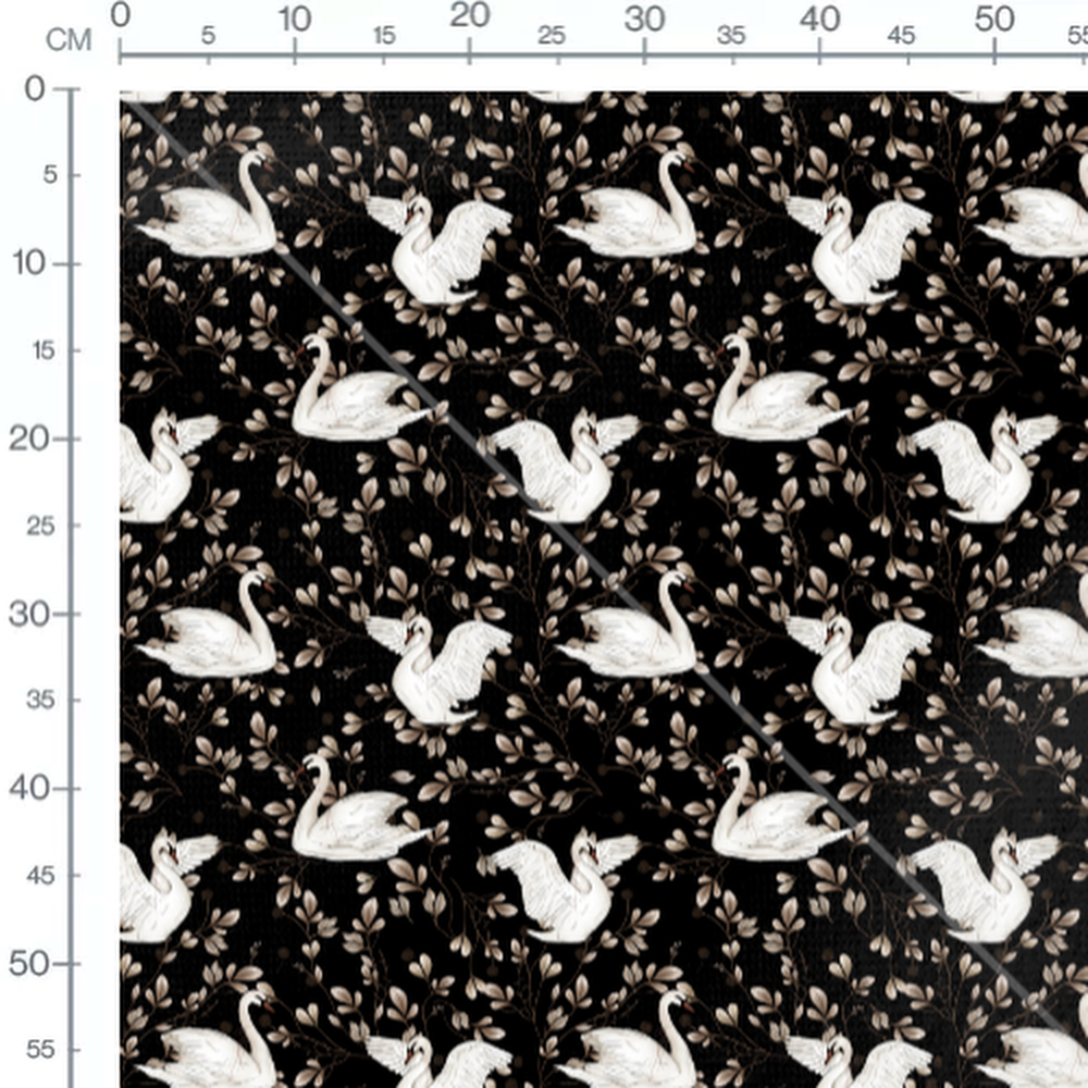 Tissu - Cygnes blancs sur fond noir