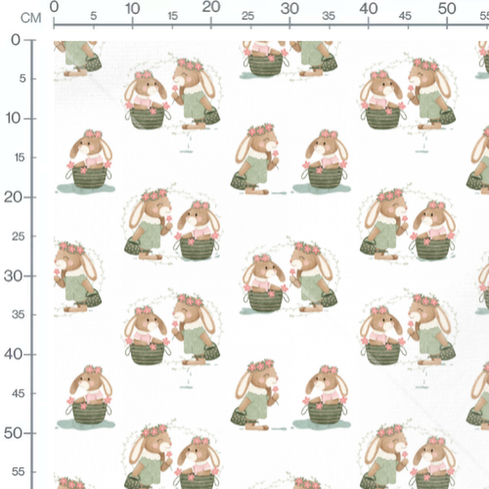 Tissu - Lapins fleuris sur fond blanc