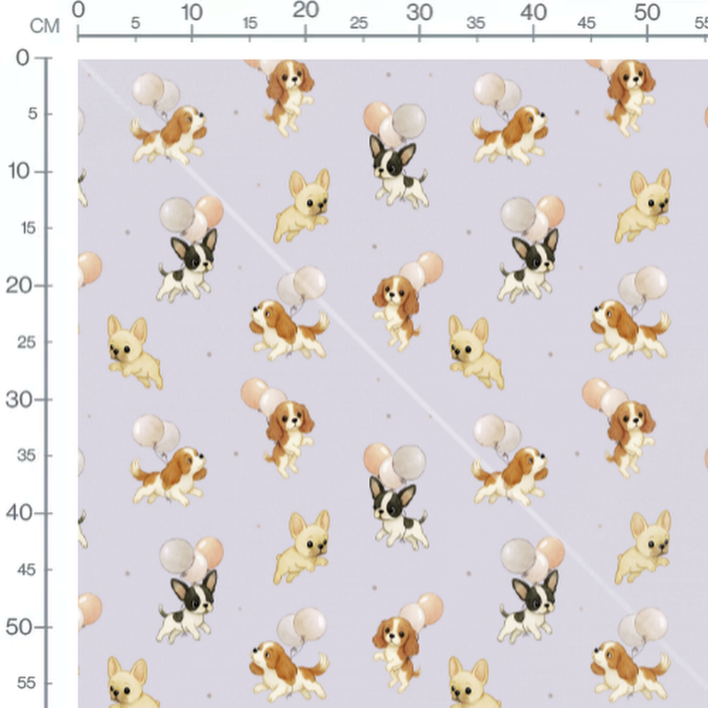 Tissu - Chiots et ballons lilas