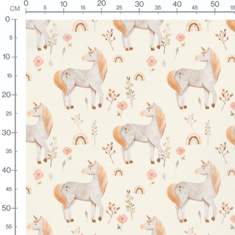 Tissu - Licornes blanches et fleurs pastel