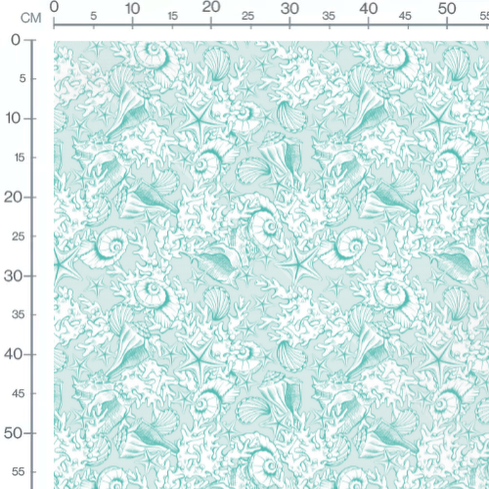 Tissu - Coquillages turquoise sur blanc