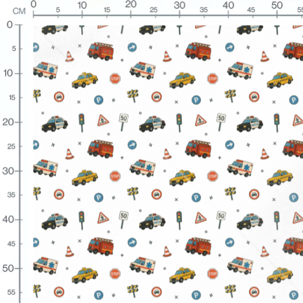 Tissu - Véhicules et panneaux sur blanc
