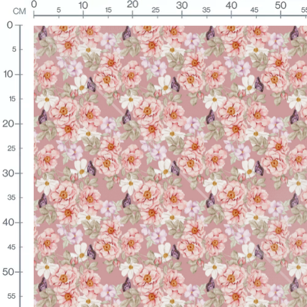 Tissu - Fleurs roses et papillons roses