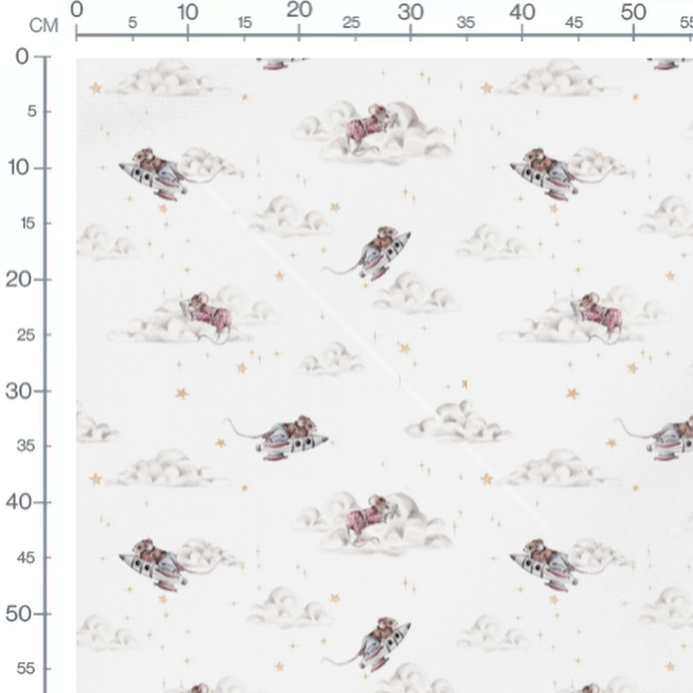 Tissu - Souris sur fusée et nuages