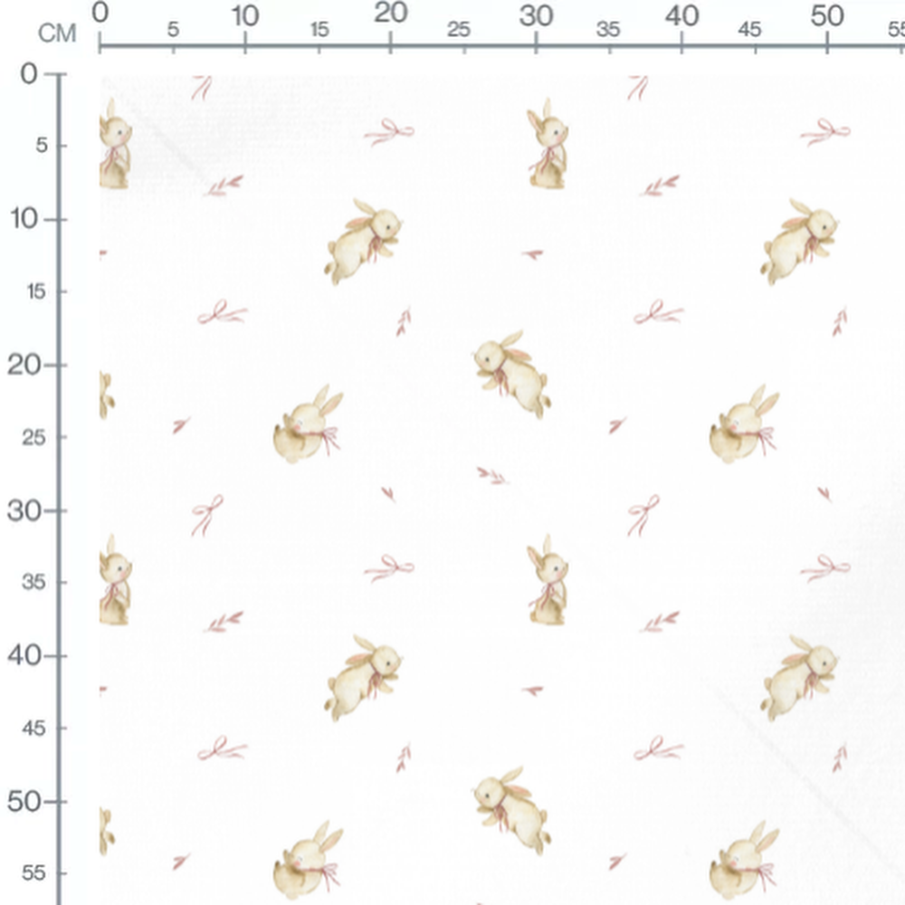 Tissu - Lapins beiges et rubans roses