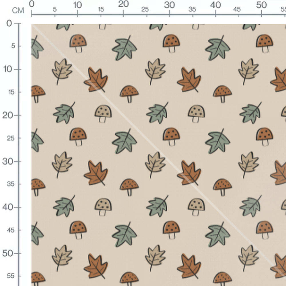 Tissu - Feuilles et champignons dessinés