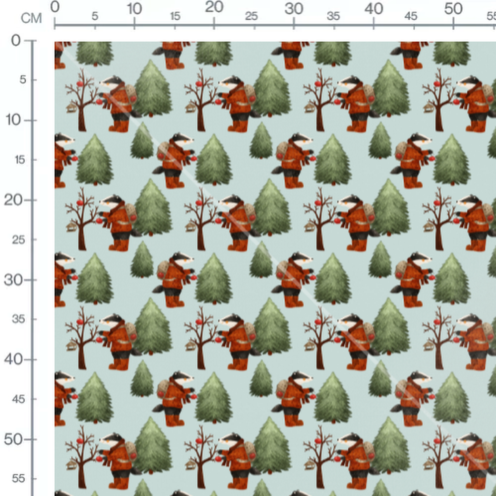 Tissu - Blaireaux et pommes sur bleu