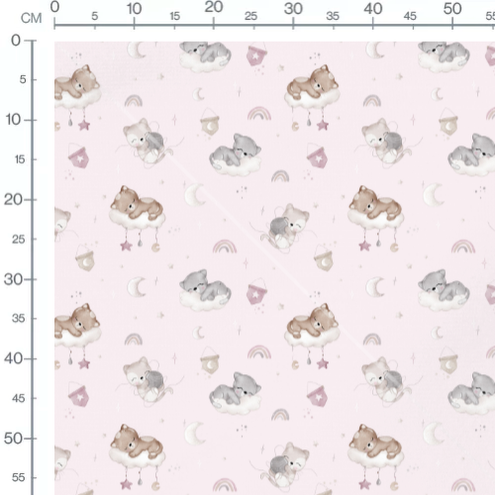 Tissu - Chats sur nuages roses