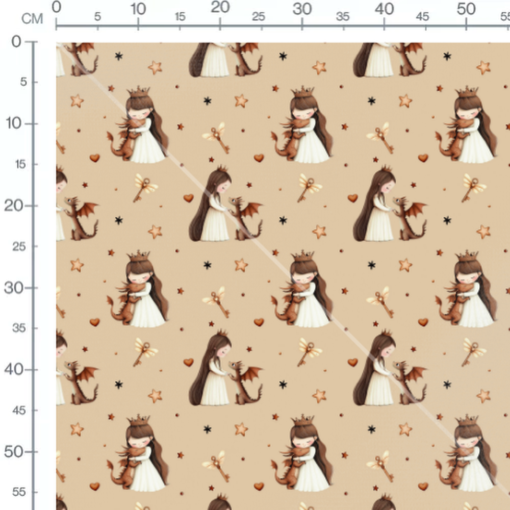 Tissu - Princesse et dragon sur beige