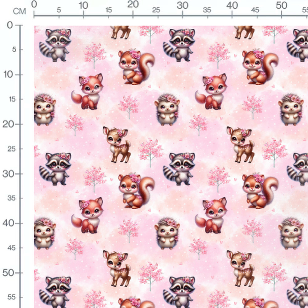 Tissu - Animaux mignons et arbres roses