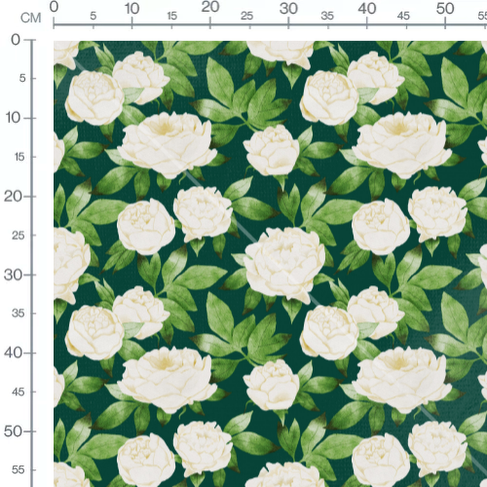 Tissu - Pivoines blanches sur fond vert