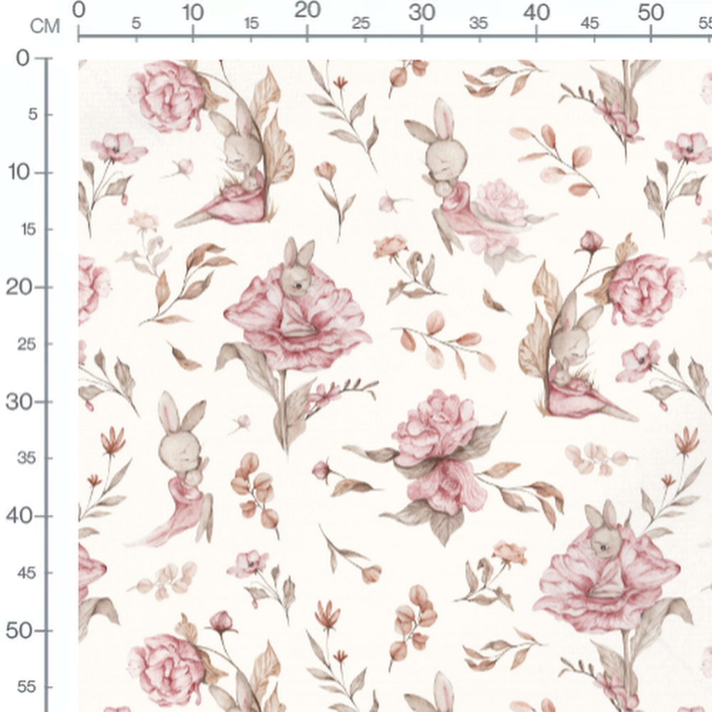 Tissu - Lapins gris et roses fleuris