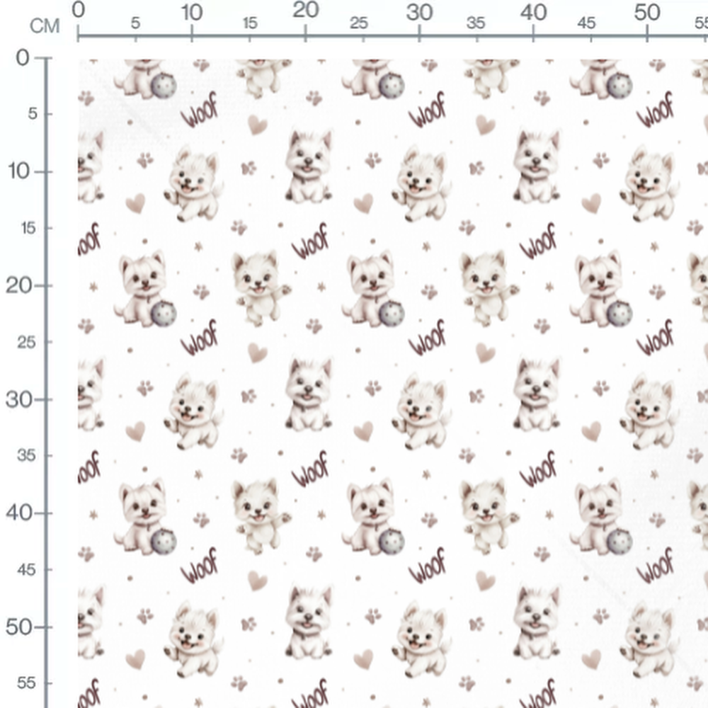 Tissu - Chiots joyeux sur fond blanc