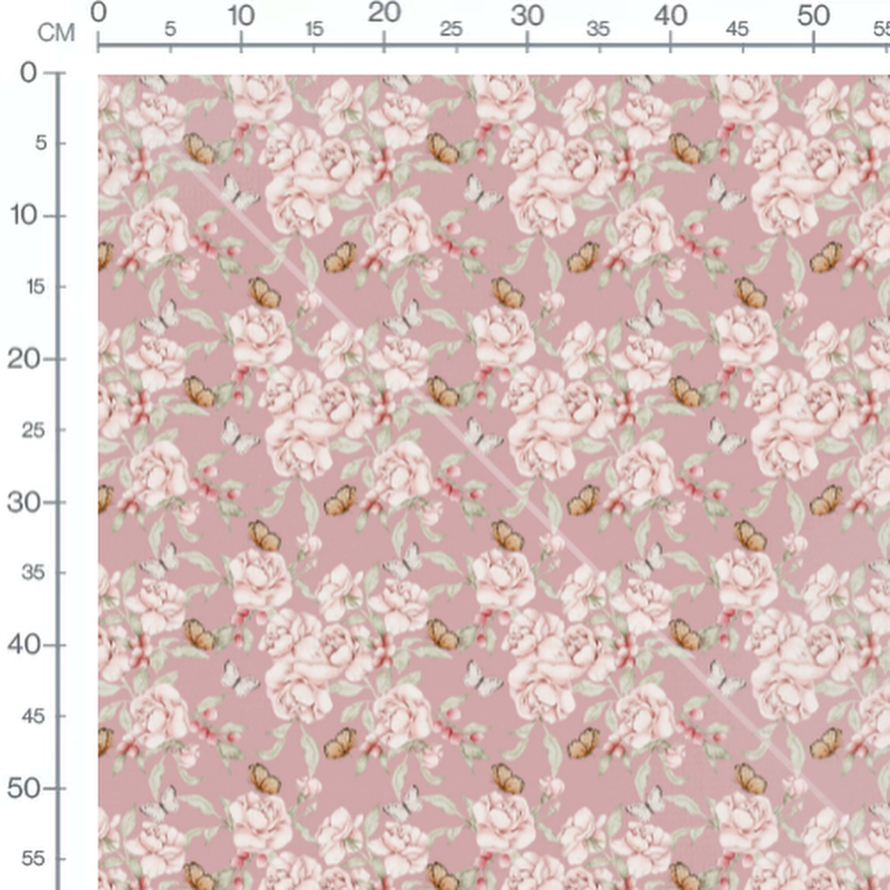 Tissu - Roses et papillons sur rose