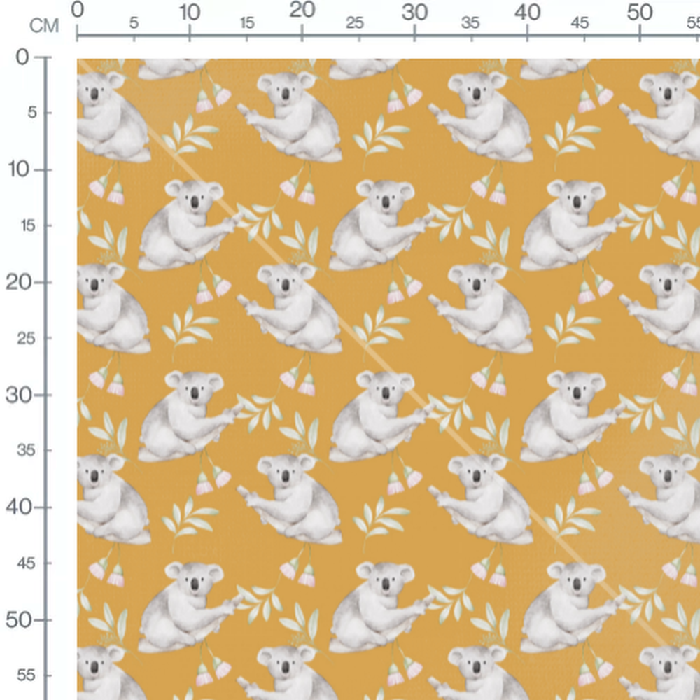 Tissu - Koalas et feuillages sur fond ocre
