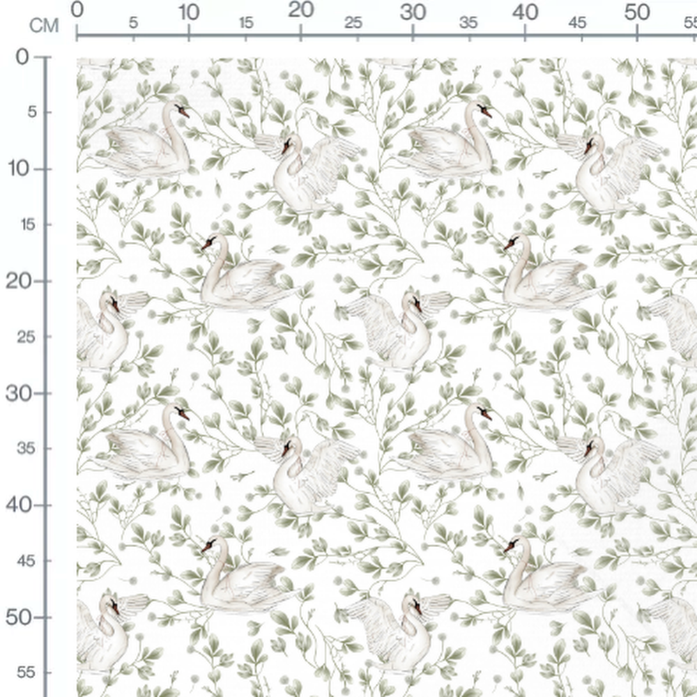 Tissu - Cygnes et feuillages verts clairs
