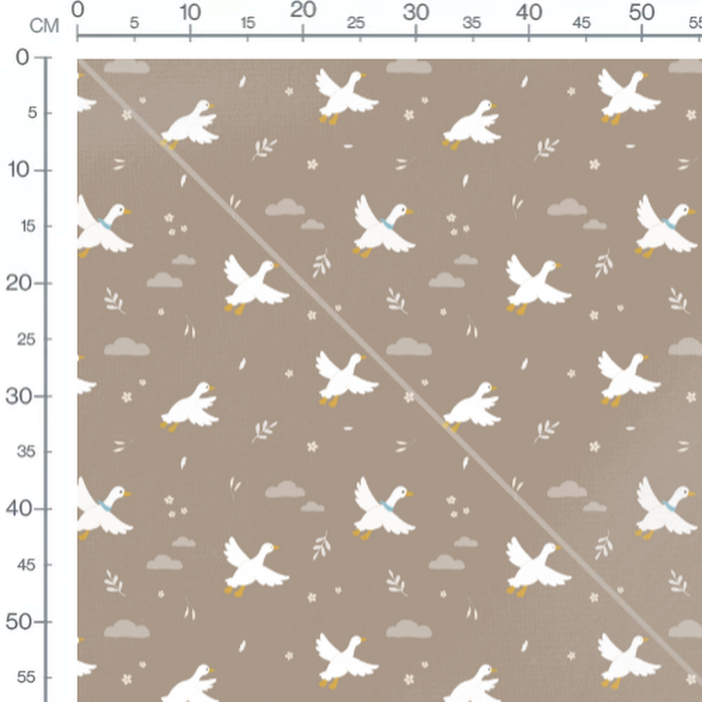 Tissu - Oies blanches sur fond brun