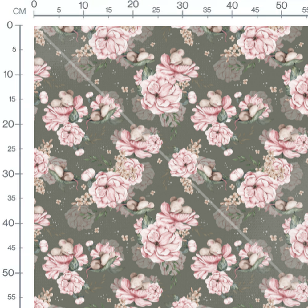 Tissu - Souris blanches et fleurs roses