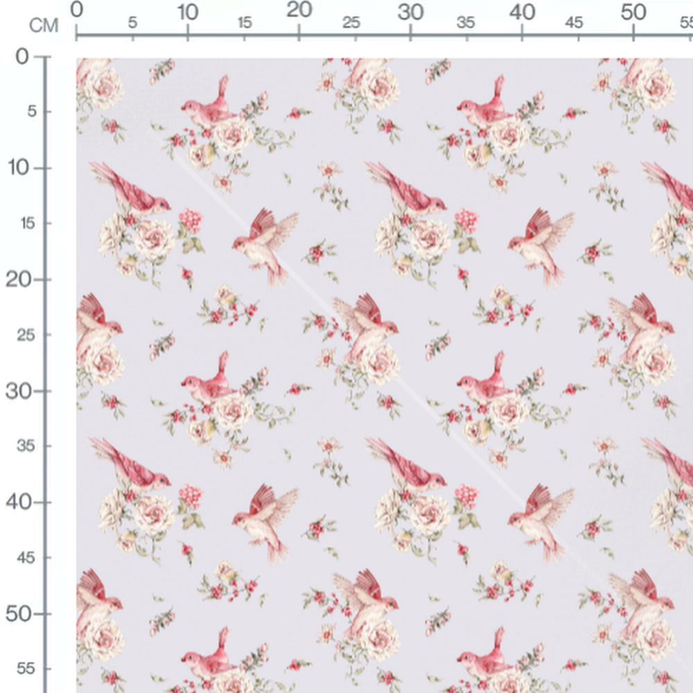 Tissu - Oiseaux roses sur fond gris 2