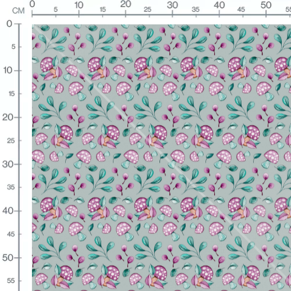 Tissu - Champignons roses sur gris