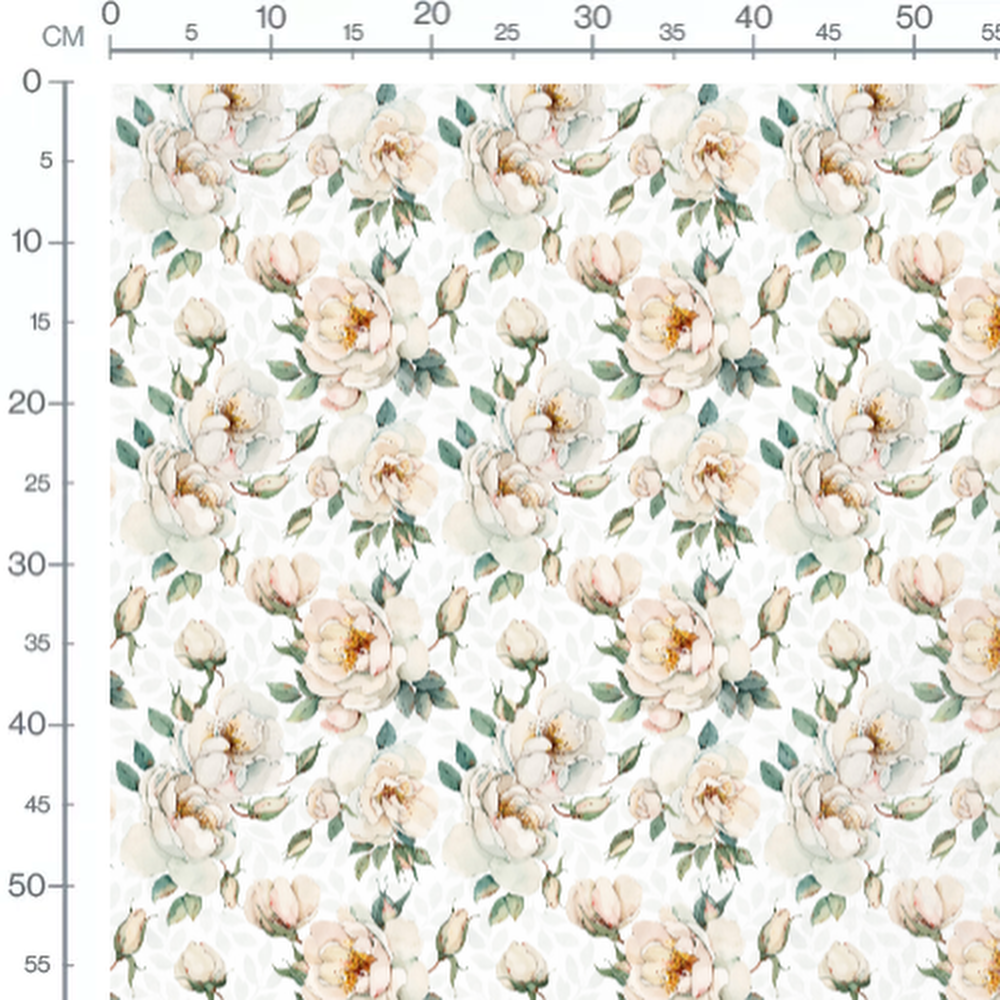 Tissu - Roses blanches et feuillage