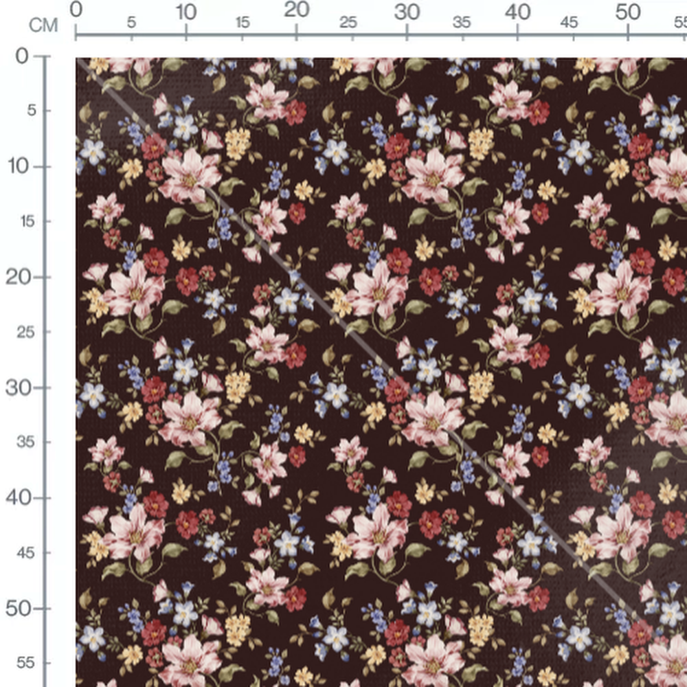 Tissu - Fleurs roses et bleues sur marron