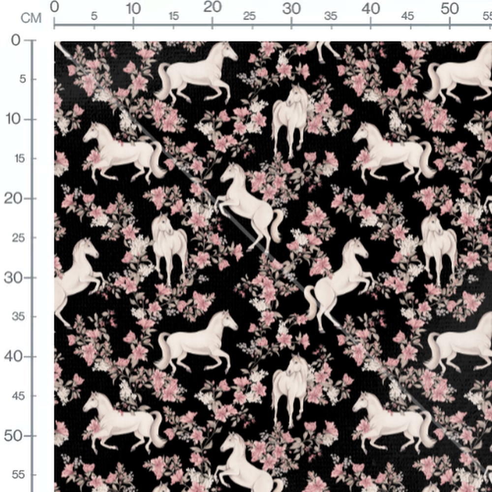 Tissu - Chevaux sur fond noir fleuri