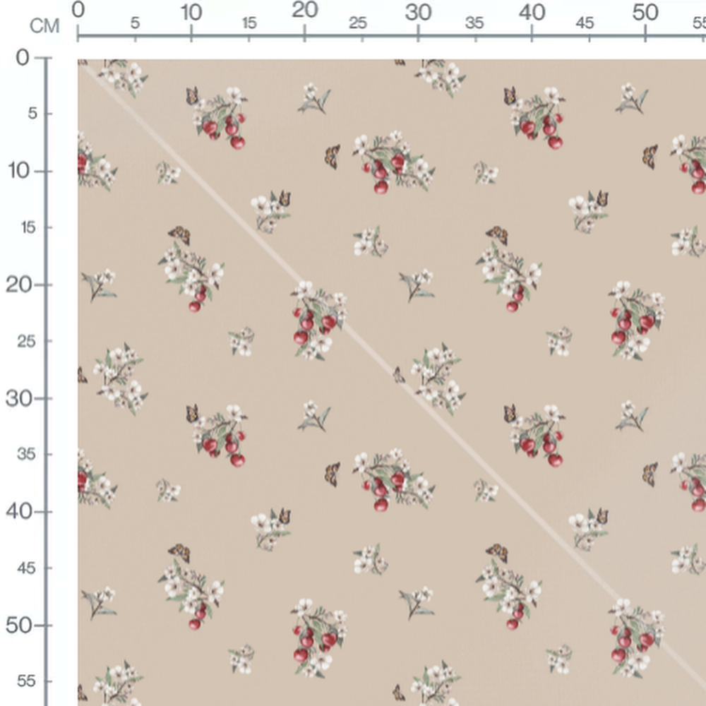 Tissu - Fleurs et cerises sur beige