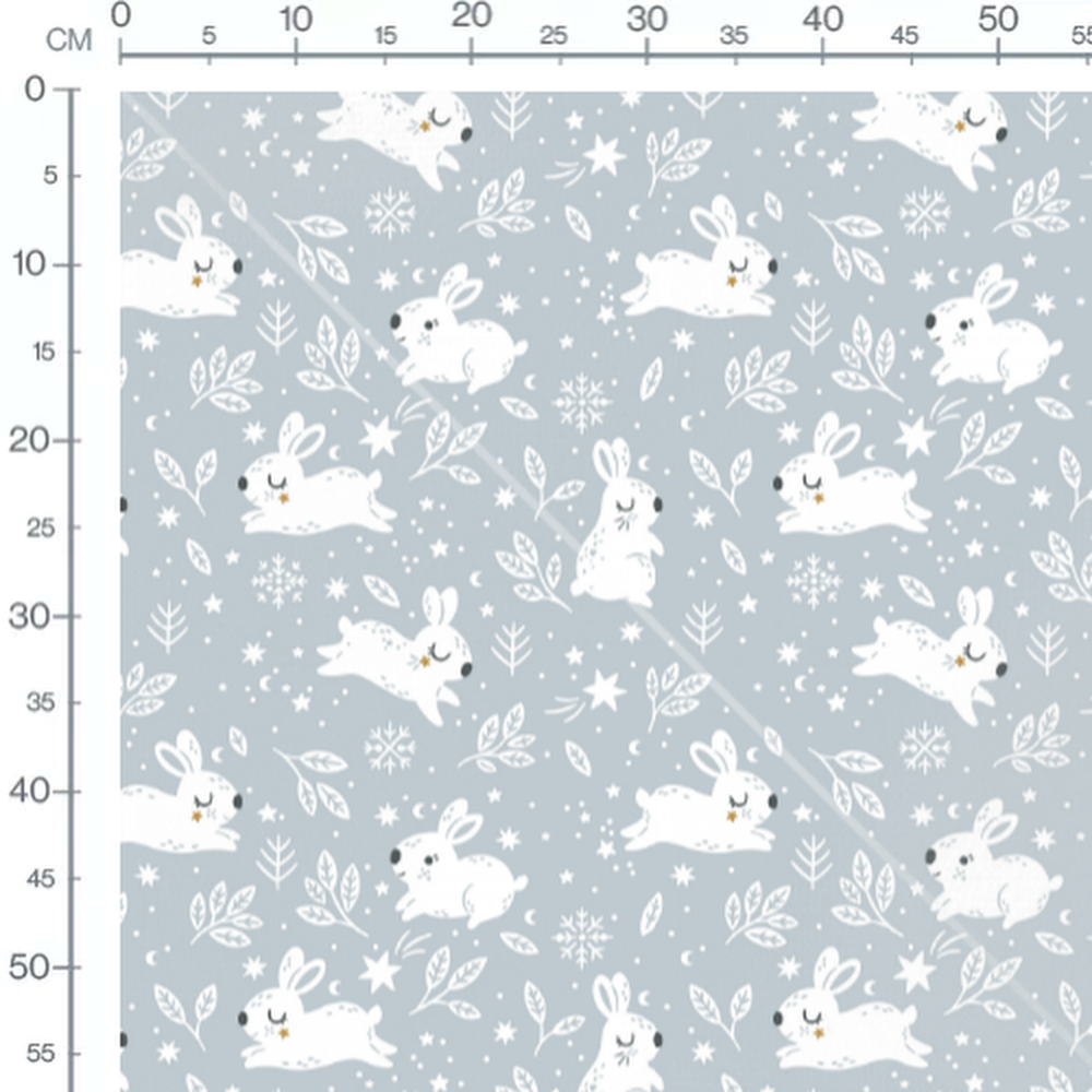 Tissu - Lapins et feuillages blancs