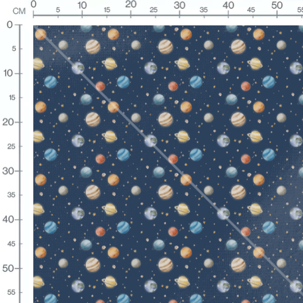 Tissu - Planètes colorées sur fond bleu