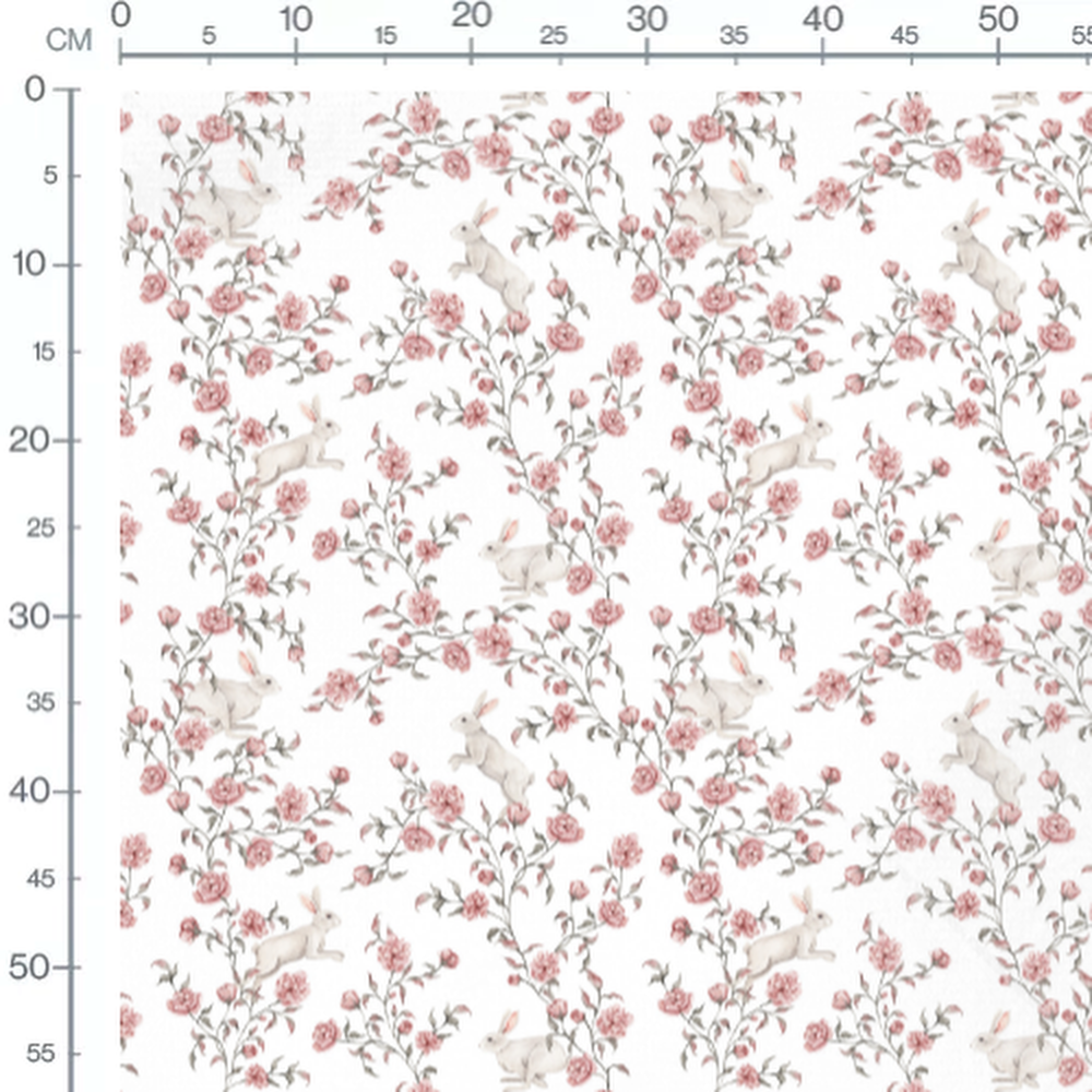 Tissu - Lapins dans un champ de roses