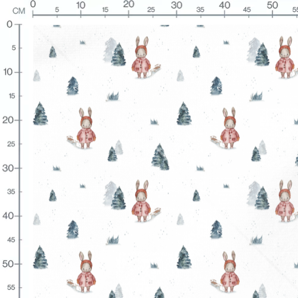 Tissu - Lapin traîneau et sapins
