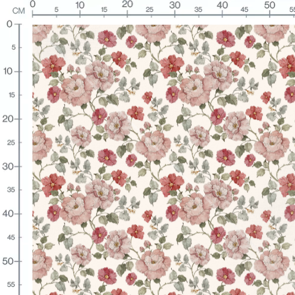 Tissu - Fleurs roses et blanches crème 2