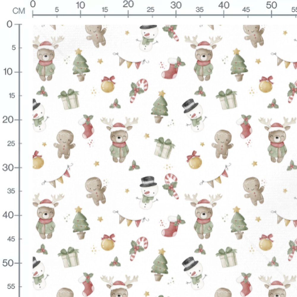 Tissu - Rennes et neige sur blanc