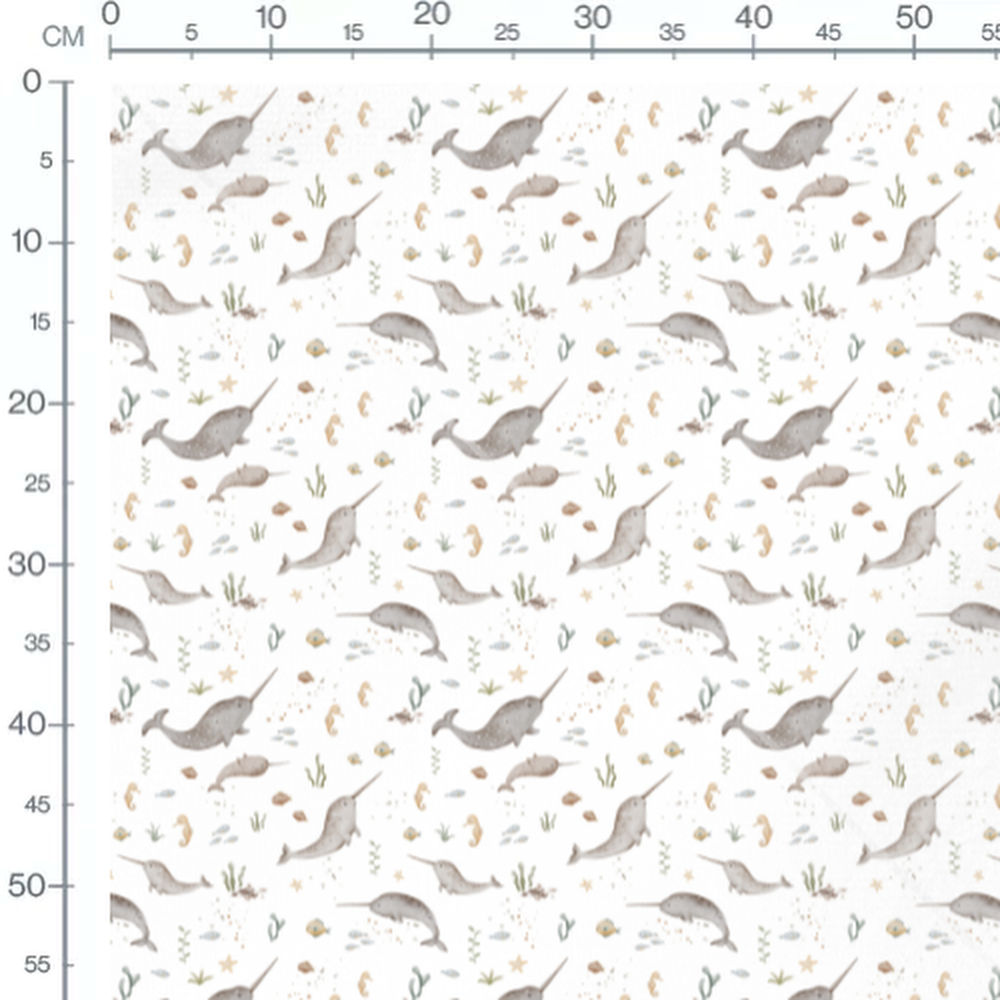 Tissu - Narvals et hippocampes aquarelle