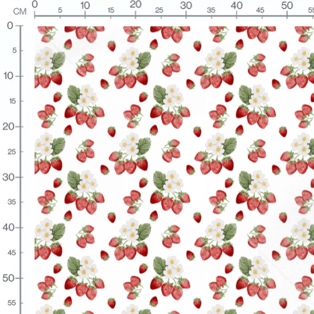 Tissu - Fraises et fleurs sur blanc