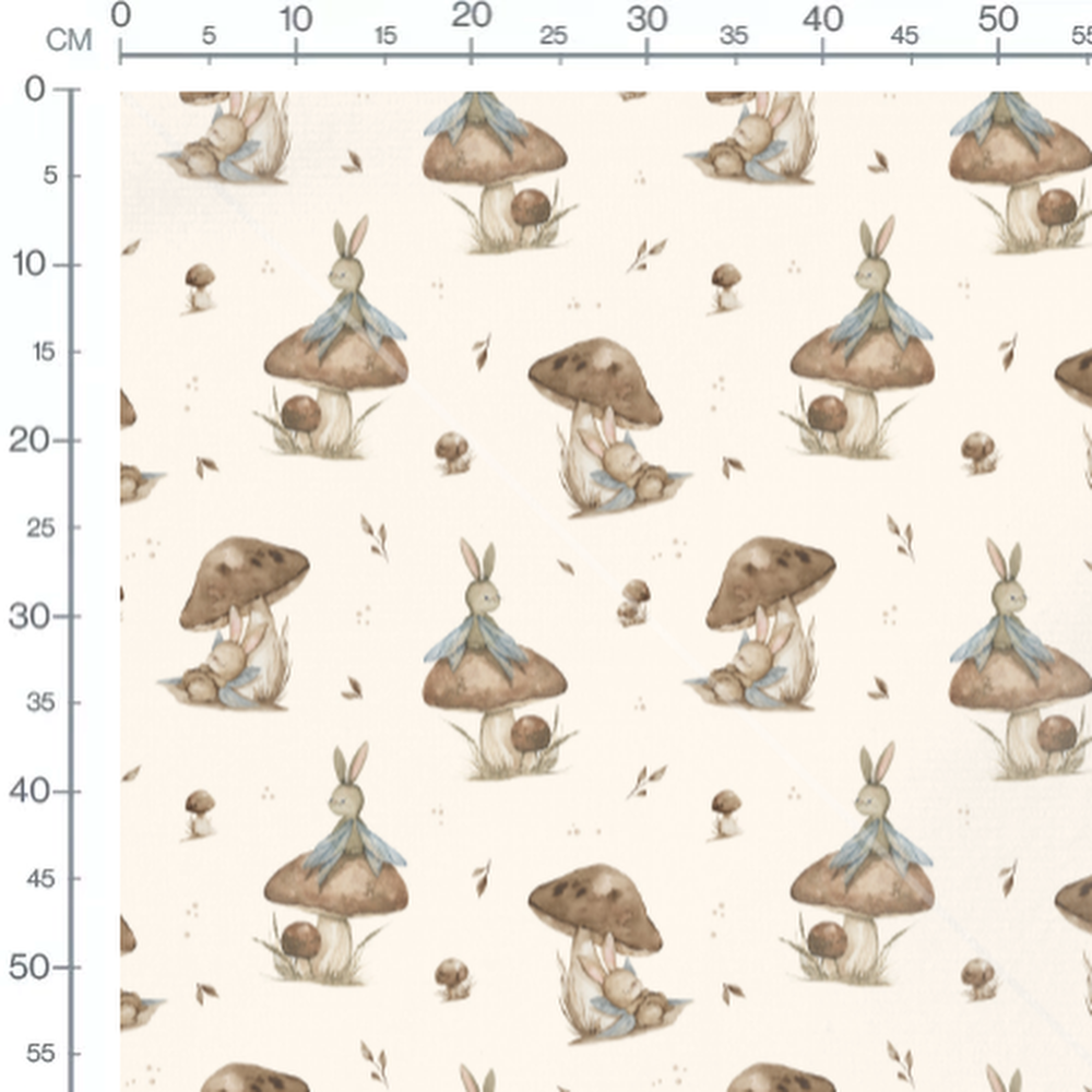 Tissu - Lapins et champignons sur beige
