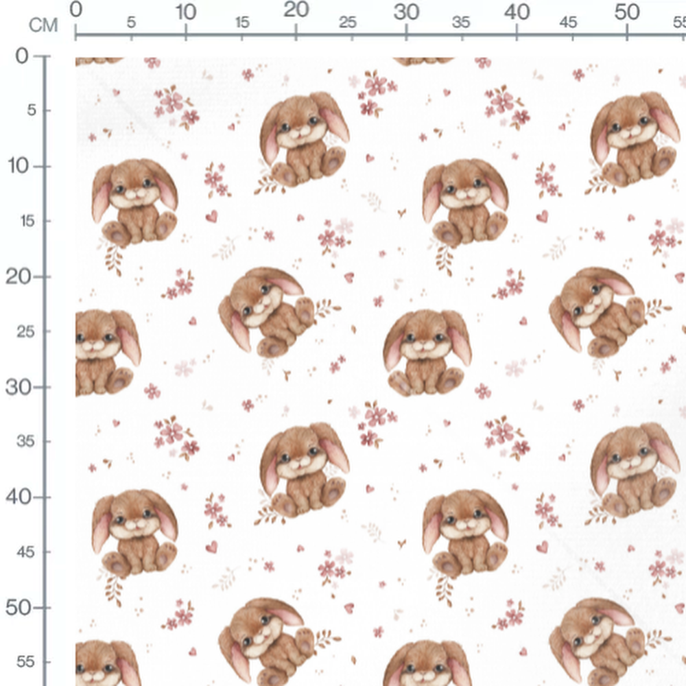 Tissu - Lapins bruns et cœurs roses