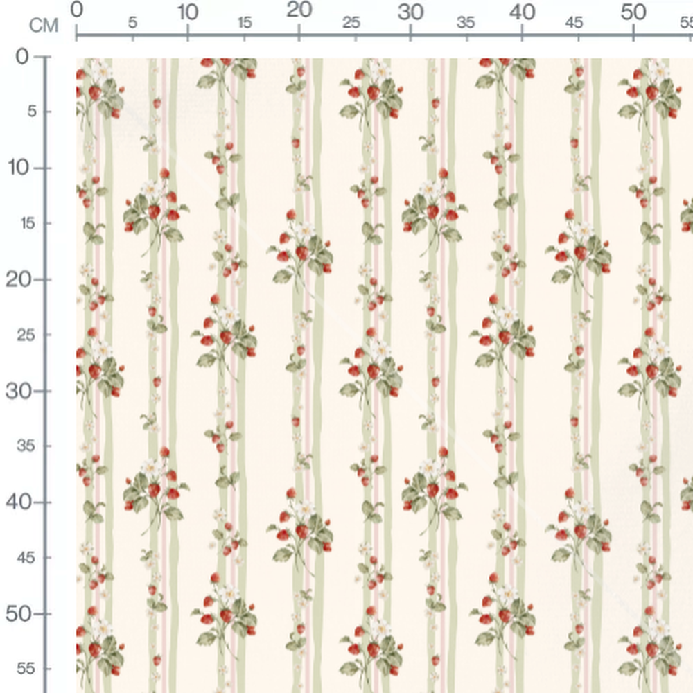 Tissu - Fraises et fleurs sur rayures