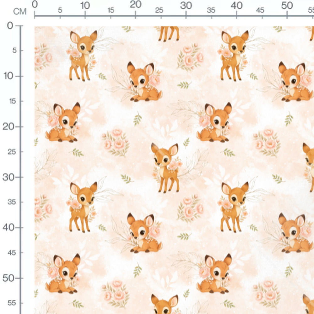 Tissu - Faons bruns et fleurs roses