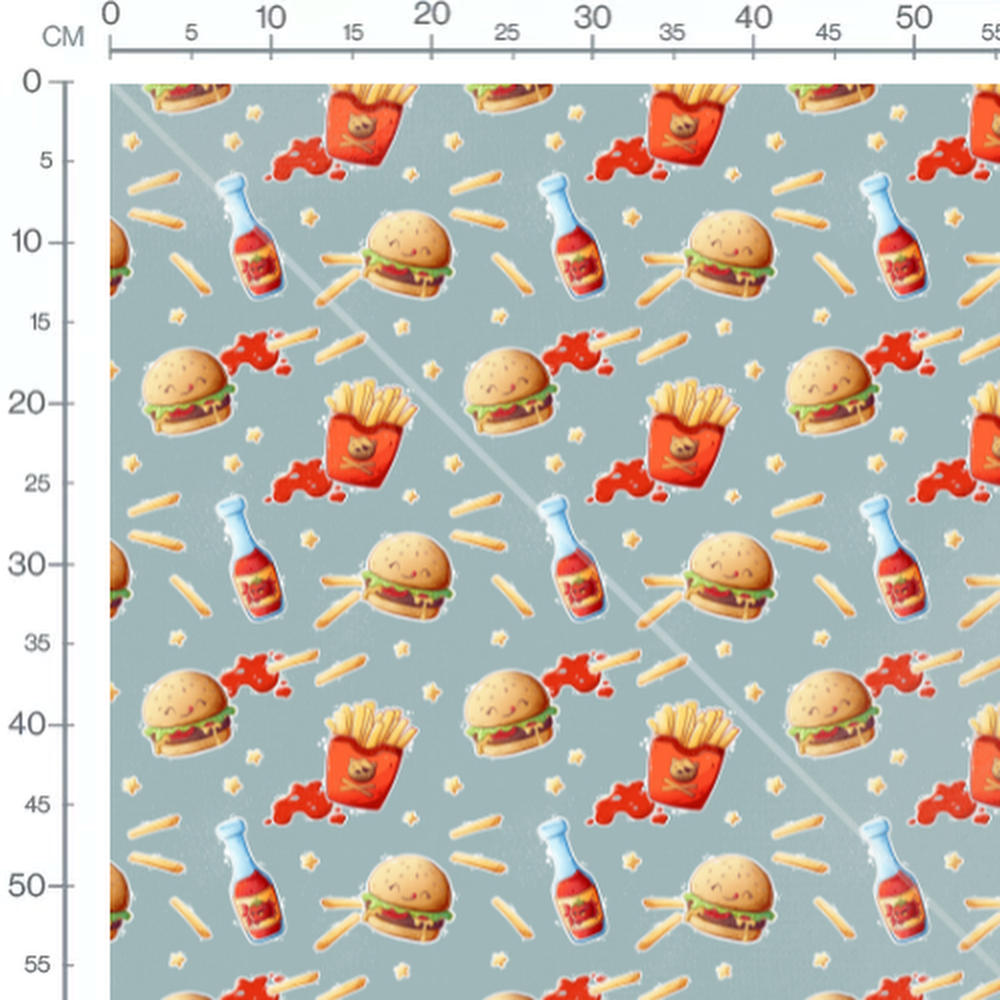 Tissu - Burgers et frites sur bleu