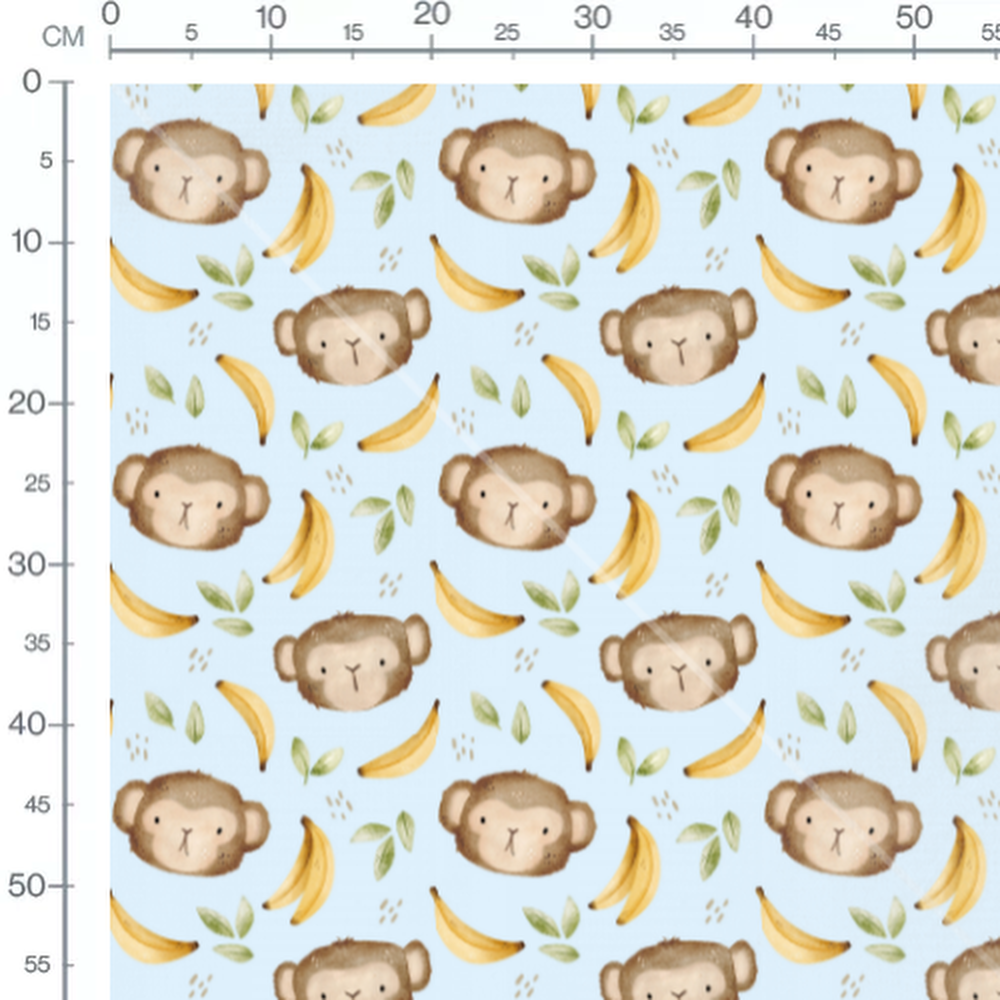 Tissu - Têtes de singes sur bleu clair