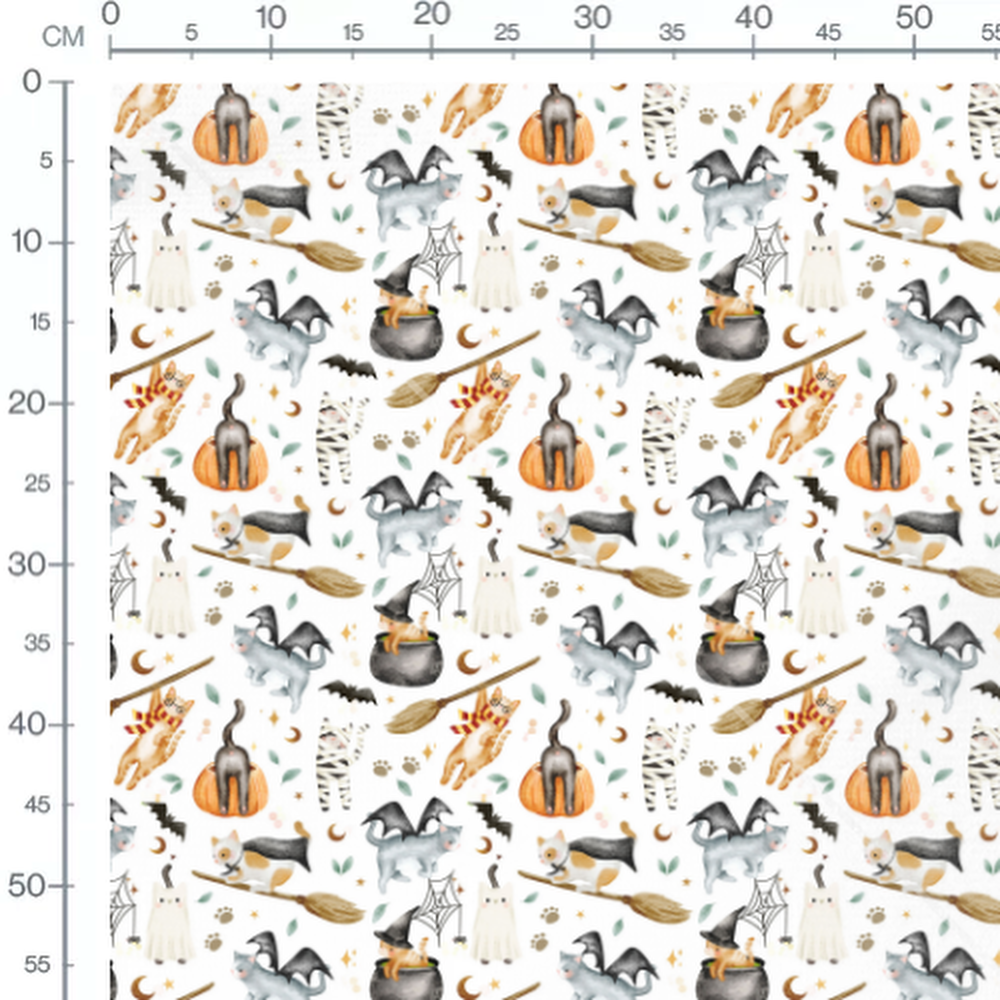 Tissu - Chats fantômes sur blanc