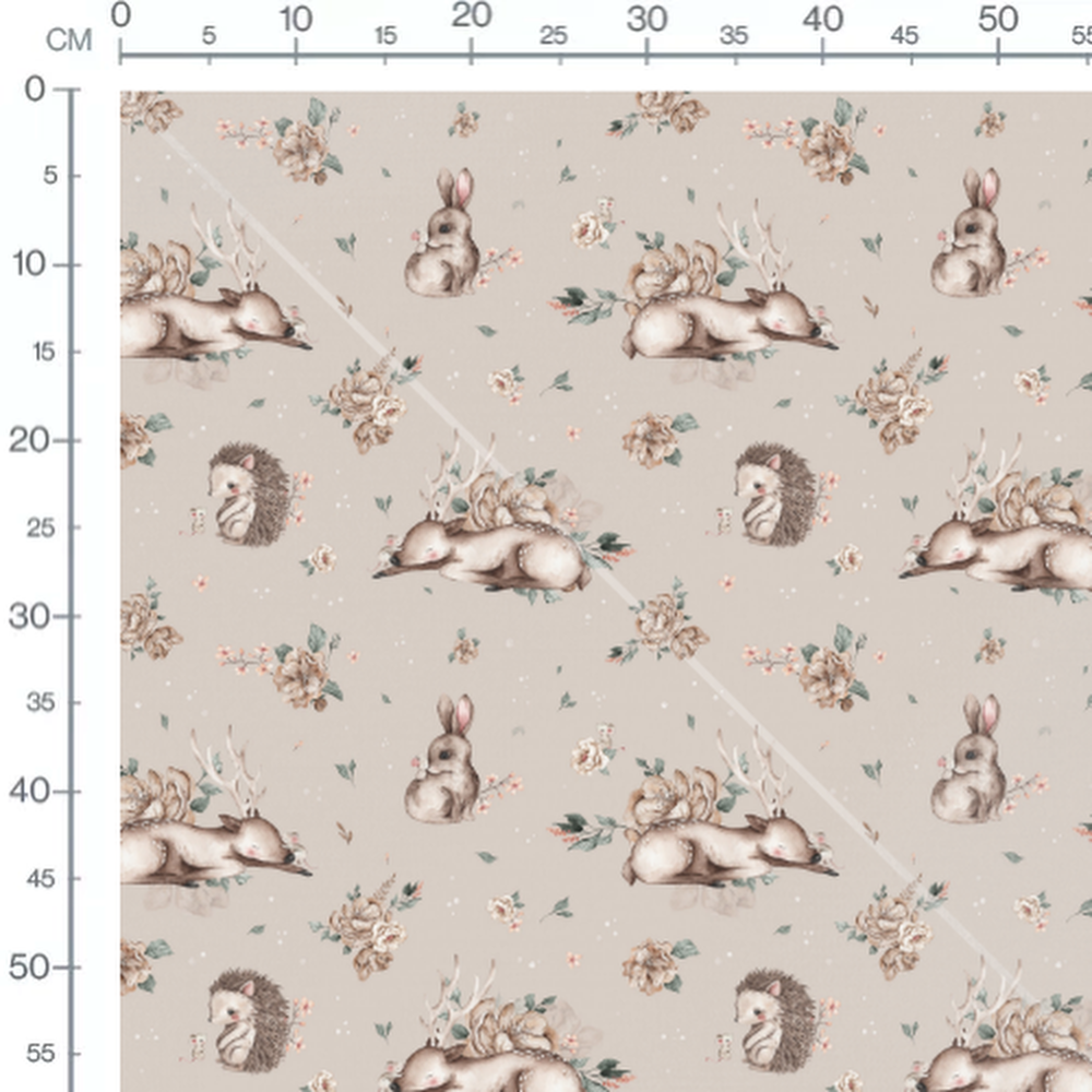Tissu - Cerfs bruns et fleurs vertes